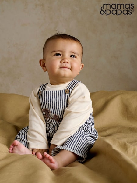Blue - Mamas & Papas Stripe Dungarees & Long Sleeve Top Set