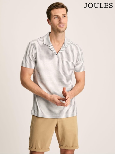 Joules Linen Blend White Striped Polo Shirt (Q50029) | €27.50