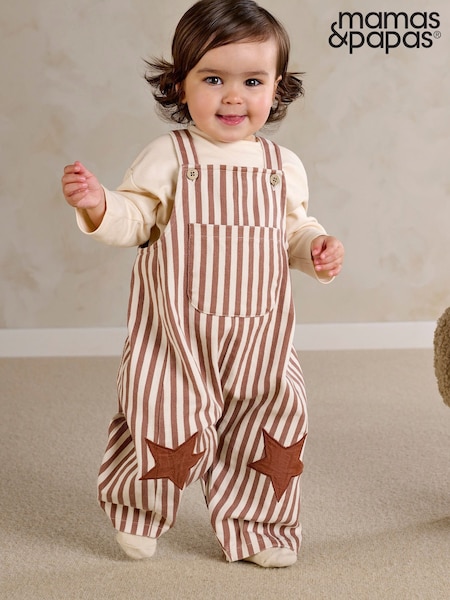 ყავისფერი - Mamas & Papas Stripe Dungarees With Star Knee Patches & Long Sleeve Top Set