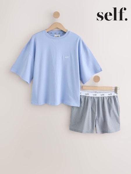 블루 체크 - Self. Slogan Pyjamas Shorts Set
