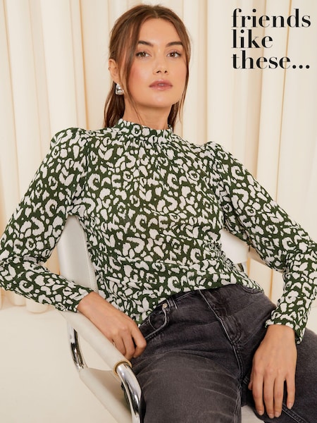 Friends Like These Green Long Sleeve Textured Jersey High Neck Blouse (Q50412) | €23