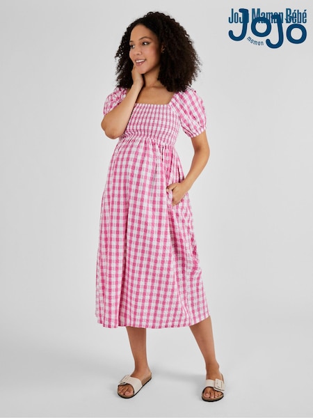 JoJo Maman Bébé Pink Gingham Shirred Maternity Midi Dress (Q50717) | €79
