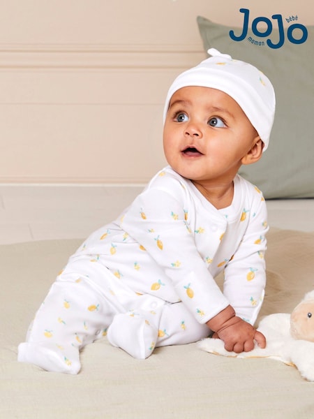 JoJo Maman Bébé White Lemon Embroidered Cotton Baby Hat (Q50722) | €8