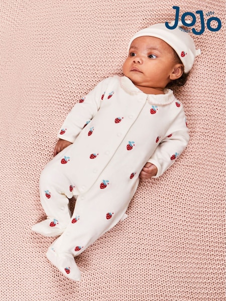 JoJo Maman Bébé White Strawberry Embroidered Cotton Baby Hat (Q50725) | €8