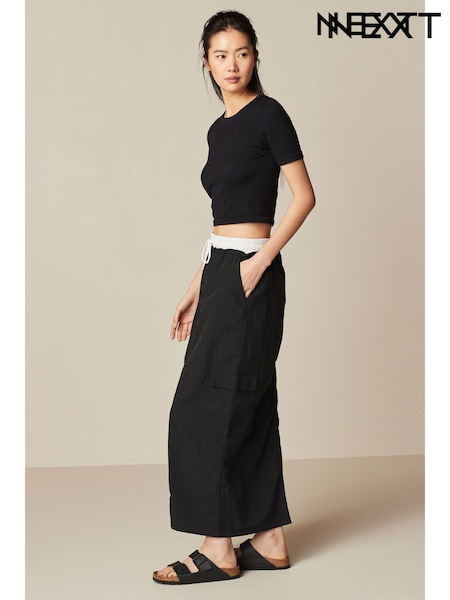 Black Contrast Waistband Nylon Midi Skirt (Q50788) | €8