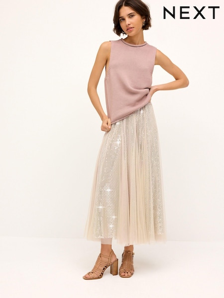 Neutral Sparkle Mesh Midi Skirt (Q50792) | €13
