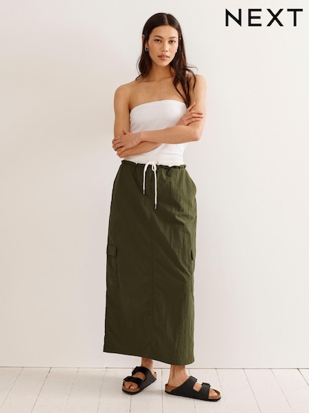 Khaki Green Contrast Waistband Nylon Midi Skirt (Q50794) | €8