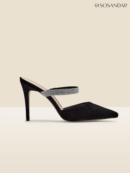 Sosandar Black Black Sofia Suede Diamante Strap Pointed Toe Mules (Q50950) | AED247