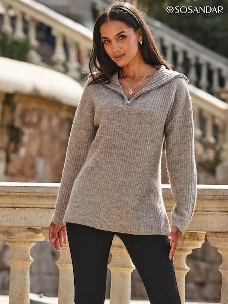 Sosandar Brown Brown Wide Rib Knit Quarter Zip Neck Longline Jumper (Q50974) | 292 QAR
