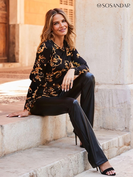 Sosandar Black Baroque Print Frill Sleeve Tunic Top (Q50980) | €30
