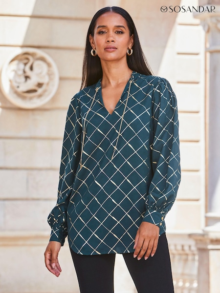 Sosandar Green Chain Lace Up Longline Blouse (Q51019) | 136 QAR