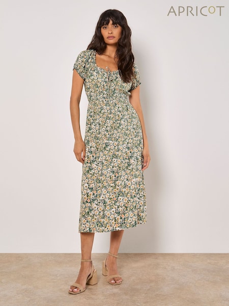 Green - Apricot Watercolour Floral Milkmaid Midi Dress