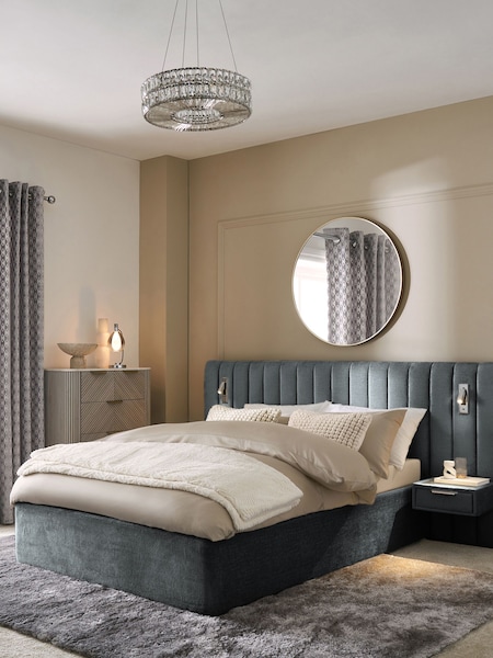 Plush Chenille Slate Blue Mayfair Upholstered Hotel Bed Frame with Ottoman Storage Bedside Tables and Lights (Q51419) | €1,550 - €1,800