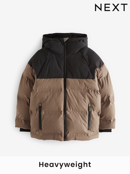 Tan Brown Regular Fabric Fleece Lined Hooded Padded Puffer Jacket (3-16yrs) (Q51581) | AED106 - AED142