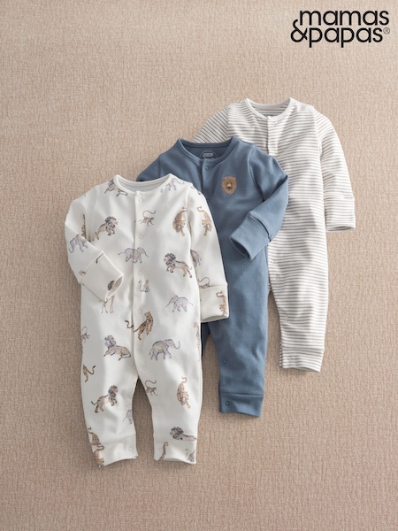 Blanco - Mamas & Papas Safari Adventures Sleepsuits Pack Of 3