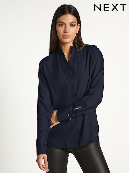 Navy Blue Long Sleeve Overhead V-Neck Relaxed Fit Blouse (Q51836) | 75 QAR