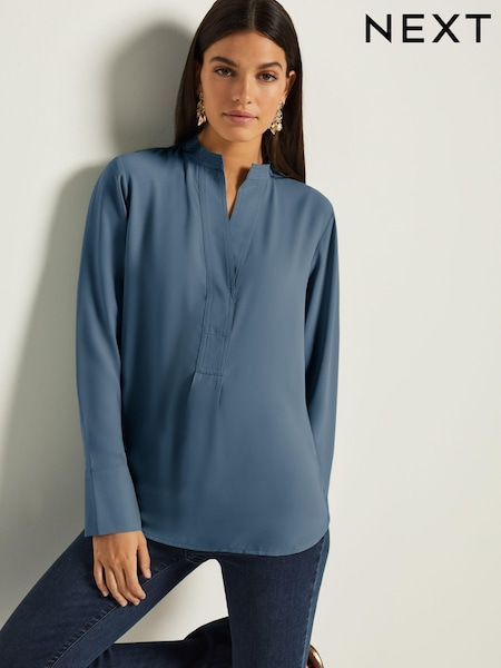 Blue Long Sleeve Overhead V-Neck Relaxed Fit Blouse (Q51839) | €18