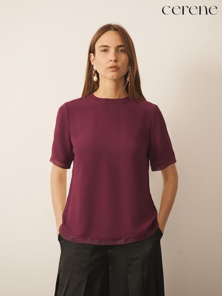 Burgundy Red - Cerene Silk Mesh Trim T-shirt