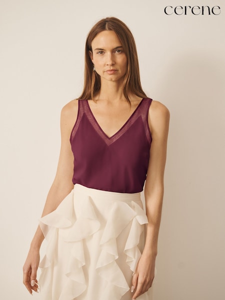Burgundy Red - Cerene Silk Mesh Trim V-neck Camisole