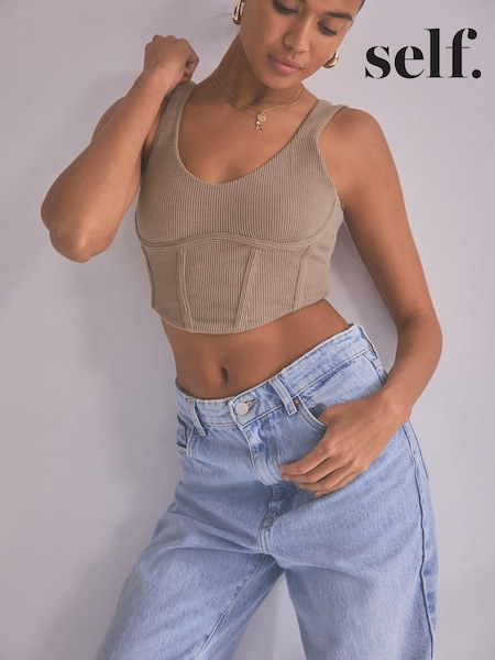 self. Taupe Scoop Neck Ribbed Jersey Corset Top (Q52891) | €17