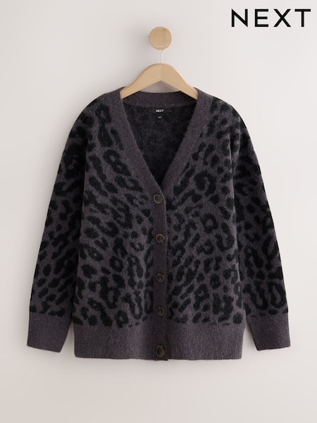 Impression Léopard Gris - Mid Length Long Sleeve Cardigan With Wool