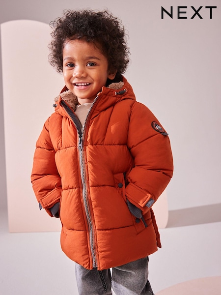 Rust Brown Borg Fleece Lined Shower Resistant Hooded Padded Coat (3mths-7yrs) (Q53223) | AED99 - AED114