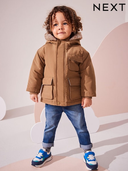 Neutral Faux Fur Hood Shower Resistant Parka (3mths-7yrs) (Q53236) | AED99 - AED114