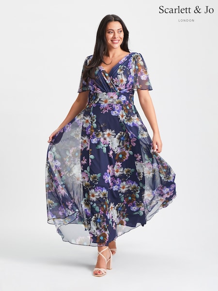 Blau mit floralem Muster - Scarlett & Jo Float Isabelle Angel Sleeve Maxi Dress (Q53265) | 148 €