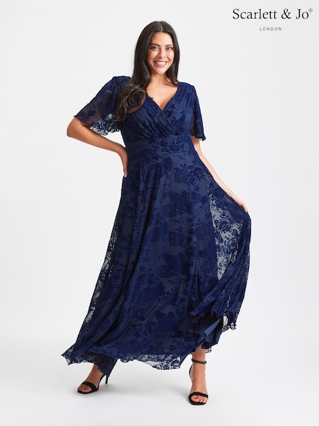 Scarlett & Jo Blue Isabelle Velvet Flock Angel Sleeve Maxi Dress (Q53276) | €140