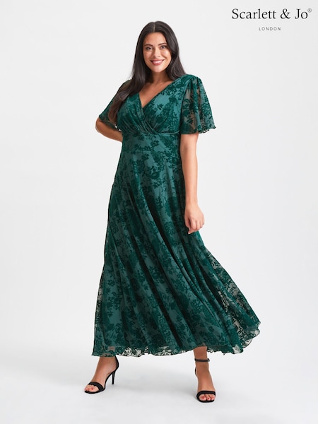 Scarlett & Jo Green Isabelle Velvet Flock Angel Sleeve Maxi Dress (Q53282) | €140
