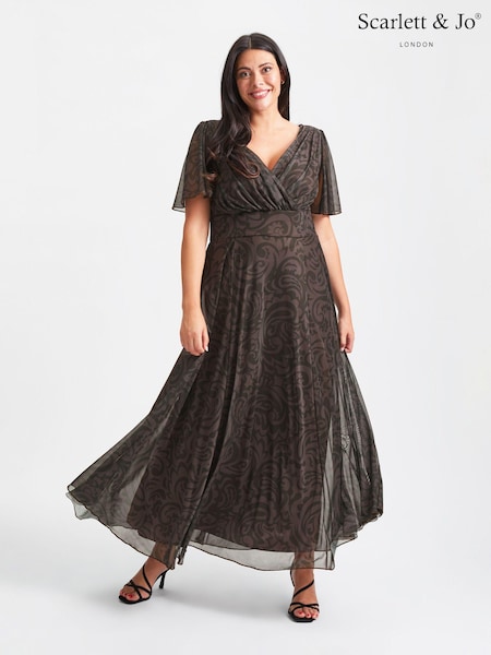 Scarlett & Jo Chocolate Brown Paisley Isabelle Angel Sleeve Maxi Dress (Q53289) | €64