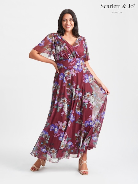 Scarlett & Jo Burgundy Red Floral Isabelle Angel Sleeve Maxi Dress (Q53291) | AED276
