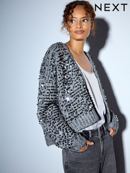 Charcoal Grey Sequin - Soft Touch Chunky Knit Open Cardigan