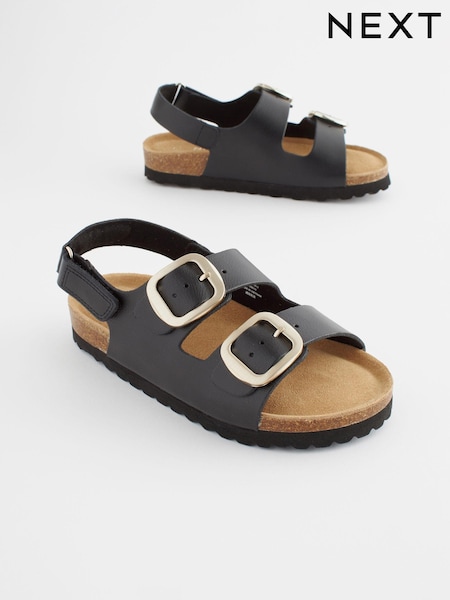 Black Leather Wide Fit (G) Two Strap Corkbed Sandals (Q53424) | €16 - €22