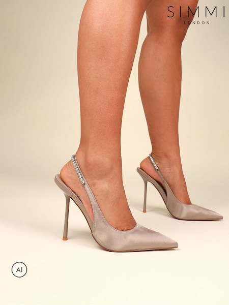 Natural - Simmi London Denise Diamante Slingback Court Shoes