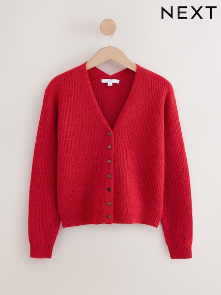 Red - Long Sleeve V-neck Rib Cardigan With Wool