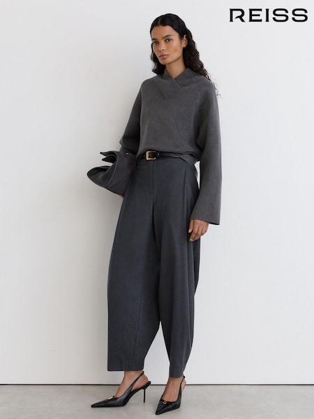 Charcoal Grey - Reiss Elle Wool-cotton Blend High V-neck Jumper