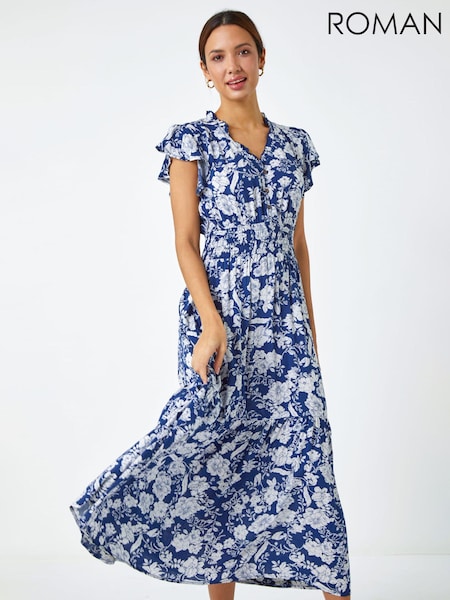 Roman Blue Floral Print Frill Detail Midi Dress (Q54192) | $90