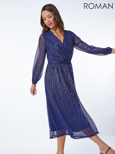 Roman Blue Shimmer Plisse Wrap Dress (Q54319) | €37