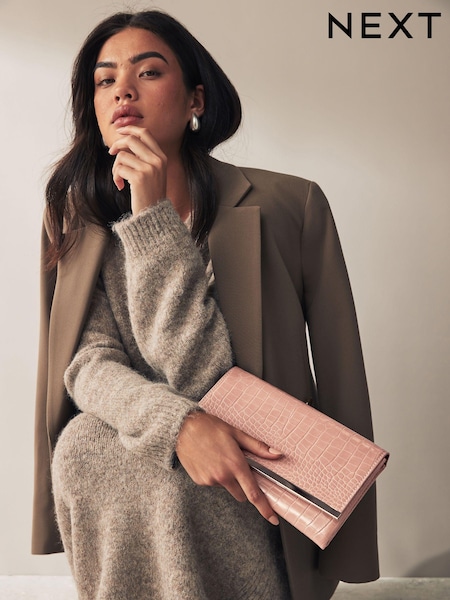 Mink Brown Croc Clutch Bag With Detachable Cross-Body Chain (Q54364) | €11