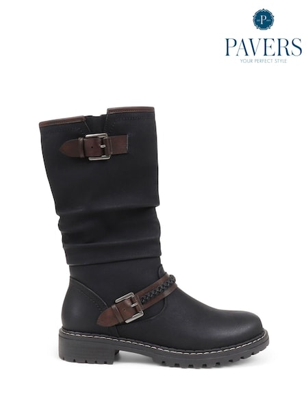 Pavers Black Casual Buckle Strap Mid-Calf Biker Boots in Black (Q54403) | AED280