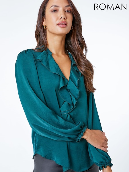 Roman Green Satin Ruffle Neck Blouse (Q54494) | €25