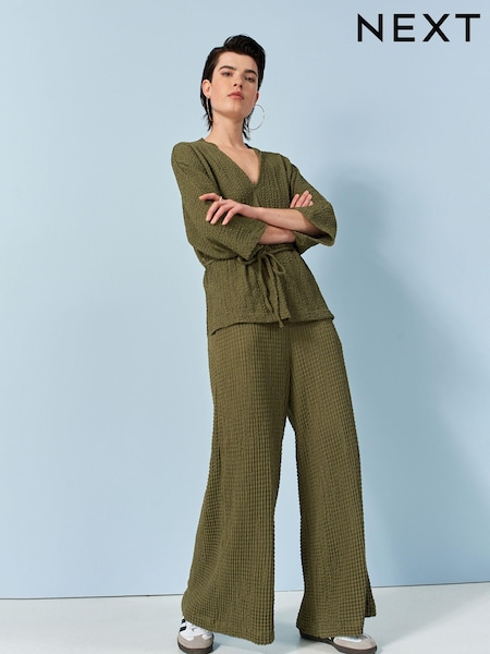 Khaki Green Textured Wide Leg Trousers (Q54783) | €10