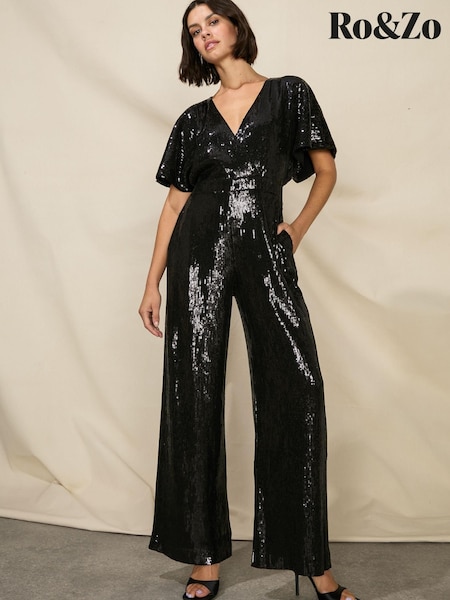 Ro&Zo Petite Sequin Wide Leg Black Jumpsuit (Q54924) | €108