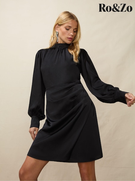 Ro&Zo Black High Neck Wrap Skirt Short Dress (Q54948) | €54