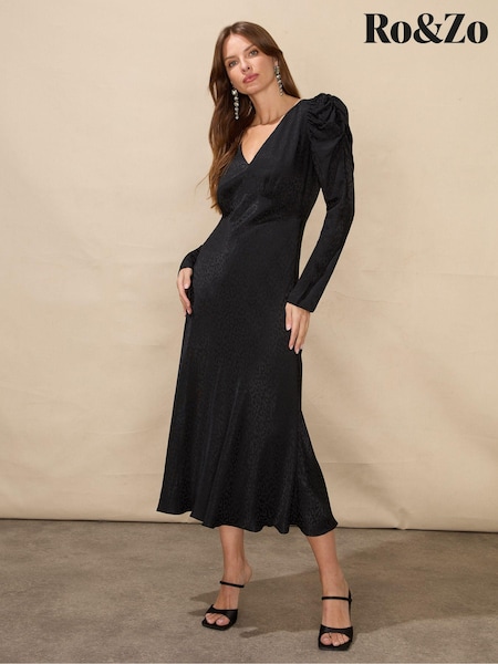 Ro&Zo Satin Jacquard Puff Sleeve Black Dress (Q54957) | €53