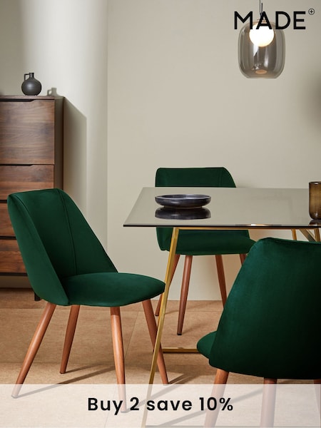 MADE.COM Set of 2 Pine Green and Walnut Legs Lule Non Arm Dining Chairs in Velvet (Q55621) | €377