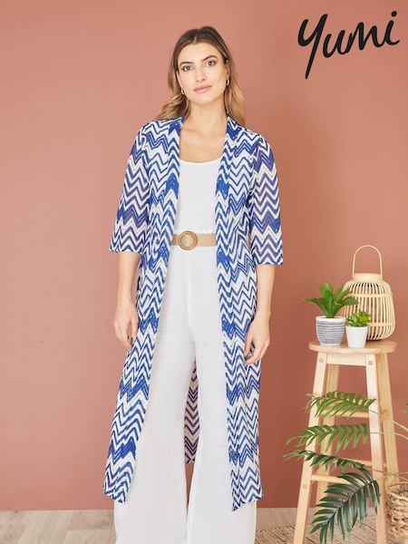 Yumi Blue Zig-Zag Crochet Long Knitted Kimono (Q55689) | €24