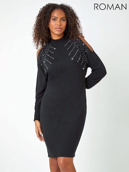 Roman Black Embellished Cold Shoulder Jumper Dress (Q55734) | €30