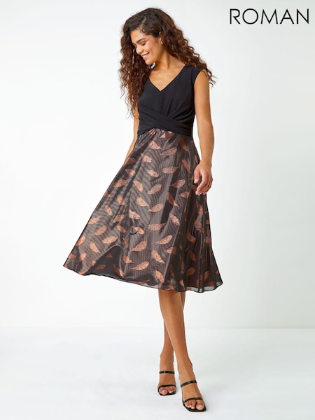 Roman Metallic Feather Print Skater Dress (Q55754) | €38